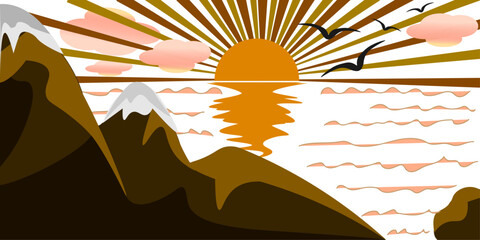 Vector illustration of a stylized sunset over snow-capped mountains