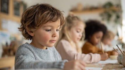 Obraz premium Group of children sitting at a table in a classroom. the focus of the image is on a young boy with curly blonde hair, who is looking off to the side with a serious expression on his face.