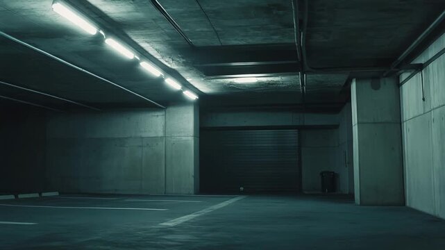 Empty underground parking garage creating a dark, cold, industrial atmosphere with concrete walls, floor, and ceiling illuminated by bright tube lights and a visible roller shutter