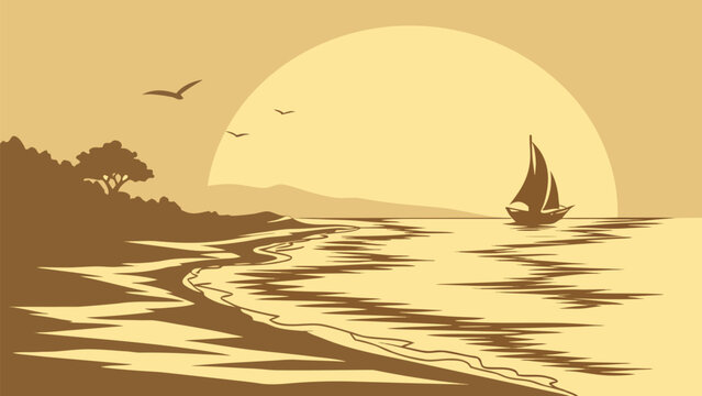 Serene ocean horizon with sailboat at sunset warm golden light calm waves peaceful atmosphere beach sea landscape