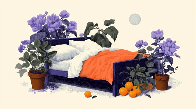 Lit bleu entour&eacute; de plantes et fleurs violettes avec oranges et petite lune sur fond clair