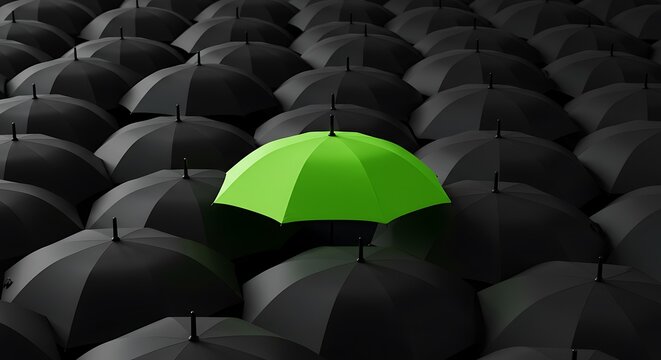 Single Green Umbrella Amidst a Sea of Black, Symbol of Uniqueness.