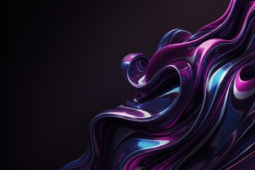 Obraz premium Abstract 3D Render of Flowing Liquid Chrome Waves with Purple and Blue Metallic Iridescence on Dark Background