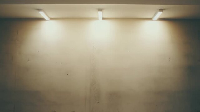 Blank concrete wall with fluorescent lights illuminating the textured surface, presenting an empty raw space for minimalist architectural backgrounds, building concepts, or product display
