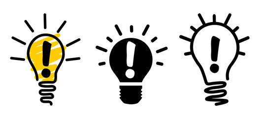 exclamation mark - idea of a shining light bulb. orange, black background. Vector illustration. 