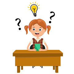 girl looking at the question.  The geography girl thinks and answers.  And she has an idea. A happy student. The student is smart. Vector illustration in a flat style.