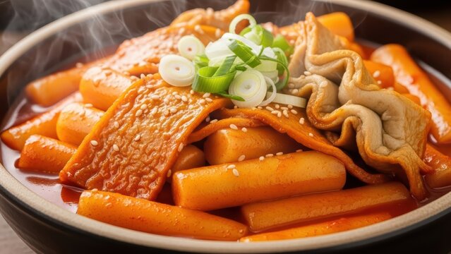 Spicy korean tteokbokki with fish cakes, garnished with sesame seeds and green onions in a steaming bowl