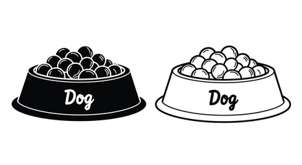 Obraz na płótnie Canvas Two dog bowls filled with food a black and white illustration silhouette