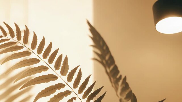 Fern leaf casts soft, organic shadow patterns across a warm toned surface, bathing the minimal interior in gentle sunlight and creating a tranquil, natural texture and mood
