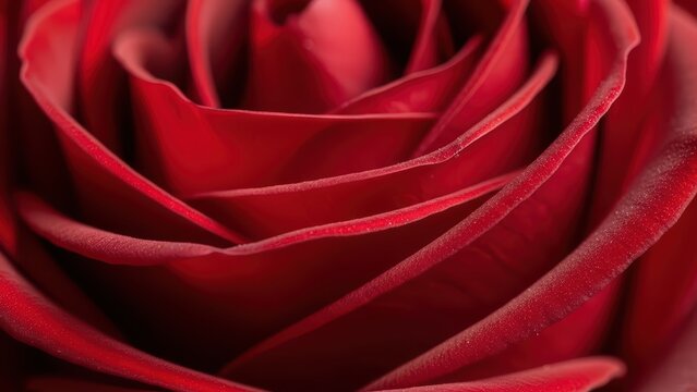 Close-up of a red rose with detailed petals and velvety texture in natural lighting
