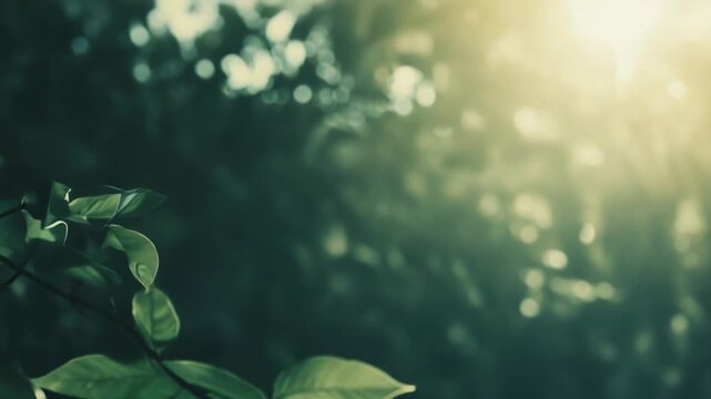 Green leaves on a branch absorb the warm, soft light of the sun, highlighting concepts of natural growth, organic vitality, and environmental tranquility