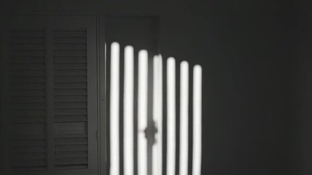 Sunlight streams through a window, casting distinct vertical shadow patterns and light stripes onto a light colored wall in a minimalistic interior room, symbolizing solitude and modern design