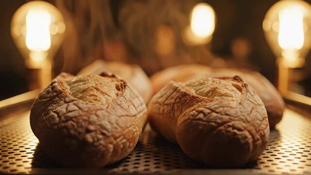 Artisan Crusty Bread Loaves Freshly Baked on a Perforated Baking Sheet