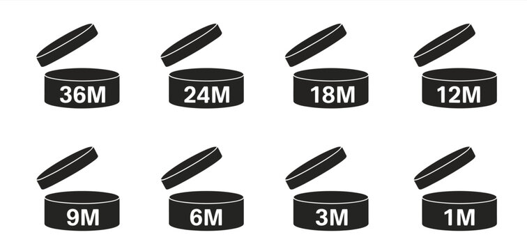 PAO cosmetic vector icons, showcasing cosmetic expiration symbols for 1 to 36 months, ideal for skincare, beauty products, packaging, and labeling compliance.