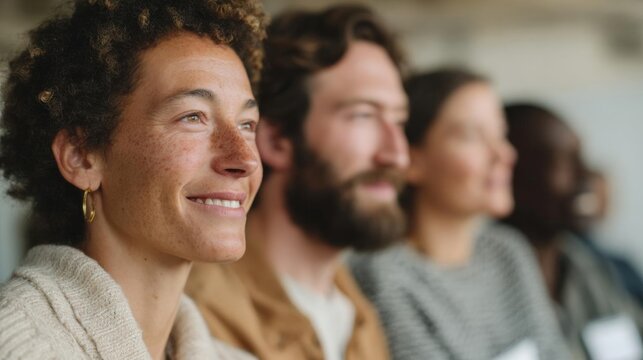 Group of three people sitting in a row, facing the same direction. the person on the left is a young woman with curly hair and freckles, wearing a beige sweater and gold earrings.