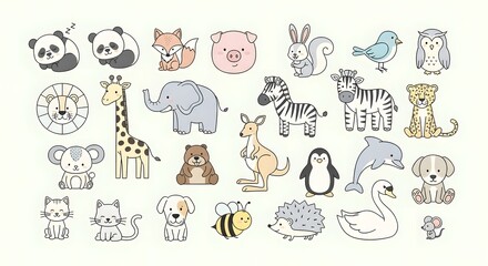Obraz premium A comprehensive bundle of flat vector illustrations featuring various wild and domestic animals in kawaii style. Icons of elephant, zebra, kangaroo, and more, isolated on a light background for kid-fr