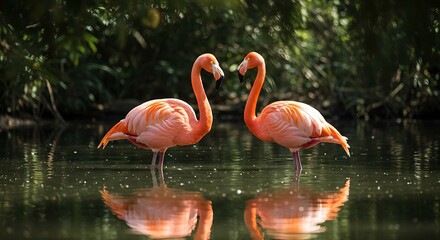 Two Elegant Flamingos Facing Each Other, Reflected in Calm Water, Lush Greenery Background.