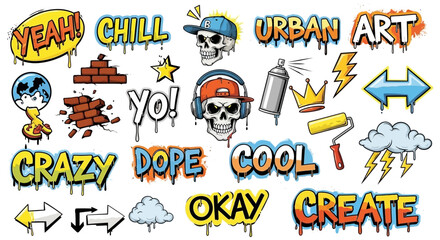 Graffiti Elements: Skulls, Words, Spray Paint, and Urban Art Icons Set