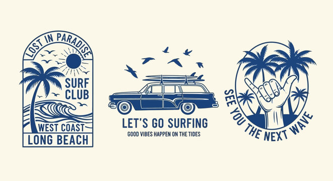Vintage Surf Club Emblem Set: Car, Palm Trees, Waves, and Hand Gesture