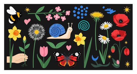 Whimsical Vector Collection of Spring and Summer Botanical Elements and Insects © Avoxel