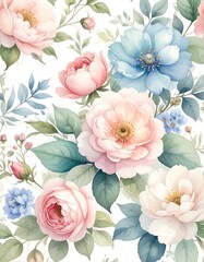 Watercolor Floral Pattern with Roses and Leaves.