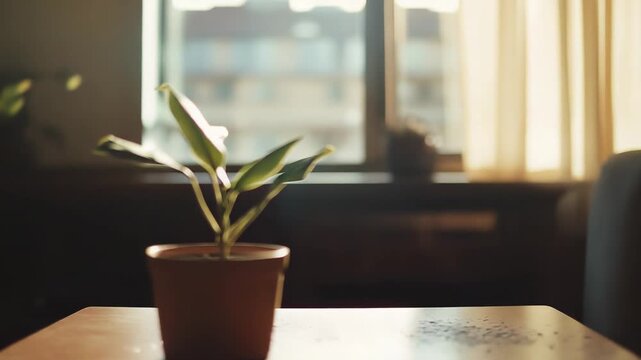 Green plant growing in an indoor pot stands on a wooden table, receiving soft natural light from a window with blurred city views, creating a serene and peaceful atmosphere