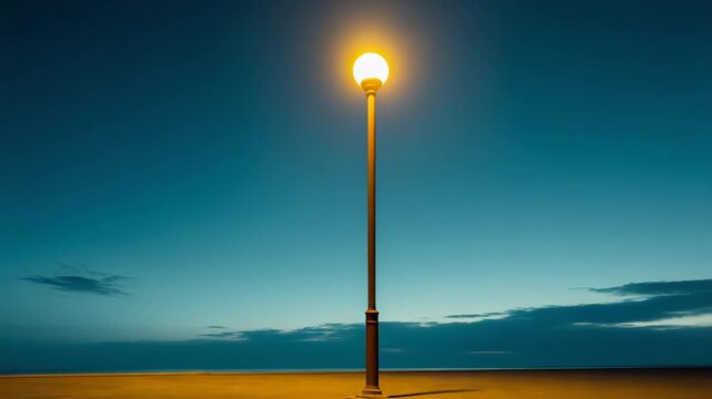 Single street lamp standing tall and glowing against a light blue, almost cloudless sky at what appears to be late dusk, creating a serene and isolated atmosphere