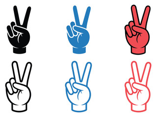 Obraz premium Peace hand gesture icons, featuring the classic victory sign in filled and outline styles for UI, apps, stickers, and digital graphics.