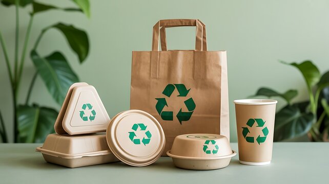 Eco-friendly disposable tableware setup with recyclable packaging and green recycle symbol on a light green background