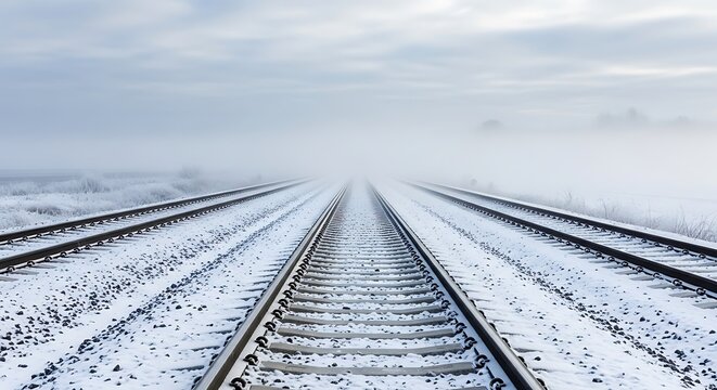 Snow-covered railway tracks vanishing into dense winter fog, creating a cold and desolate landscape with multiple lines.