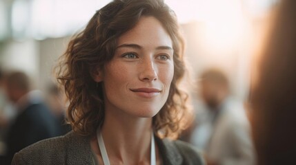 Fototapeta premium Close-up portrait of a young woman with shoulder-length curly hair. she is looking directly at the camera with a slight smile on her face.