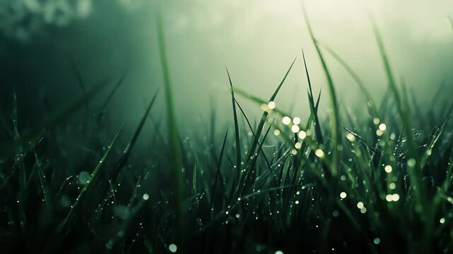 Green grass blades stand tall, covered in sparkling water drops, emerging from a fresh, misty background, creating a serene and natural essence of growth