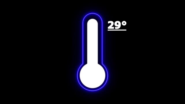 Neon Celsius thermometer displayed temperature 29 degree. Thermometer equipment showing hot or cold weather. 4K Video motion graphic animation.