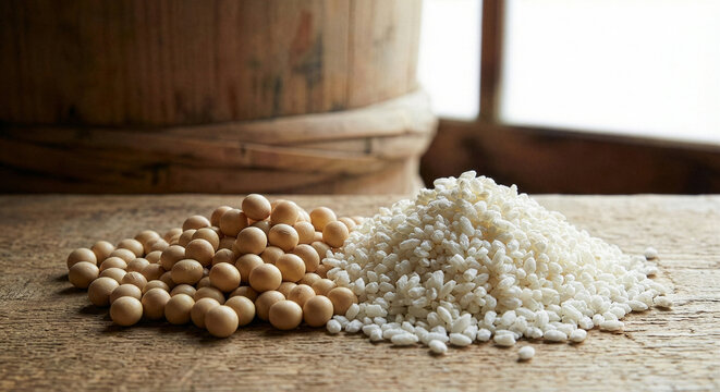 Close-up of Essential Raw Ingredients for Japanese Miso: Piles of Dried Soybeans and White Rice Koji Malt on a Wooden Surface