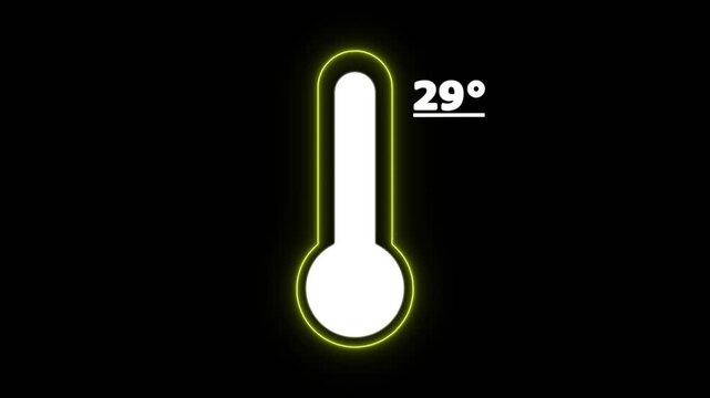 Neon Celsius thermometer displayed temperature 29 degree. Thermometer equipment showing hot or cold weather. 4K Video motion graphic animation.