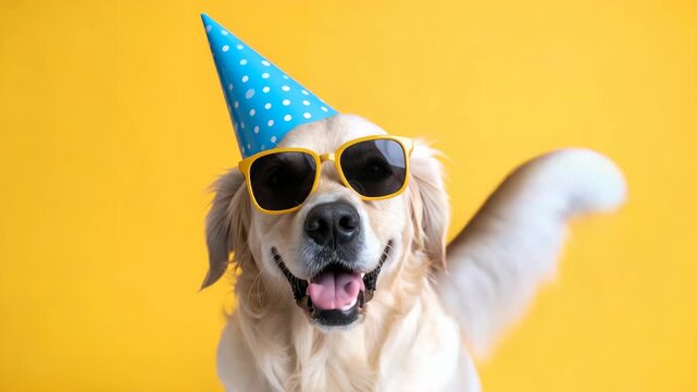Happy Golden Retriever Dog Wearing Sunglasses and Party Hat on Yellow Background