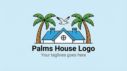 Obraz premium Tropical House Logo with Palm Trees and Seagull