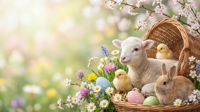 Charming easter celebration with cute lamb chicks and bunny spring garden photography soft focus joyful vibes