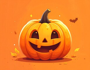Whimsical Halloween Pumpkin with Cheerful Expression and Bat Silhouette.