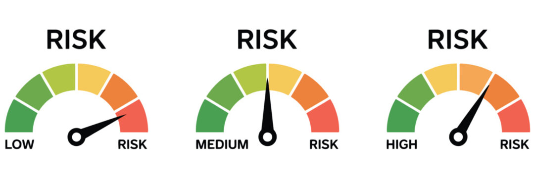 Risk meter icon, showcasing a vector gauge with low, medium, and high risk level indicators for dashboards, apps, and infographics.