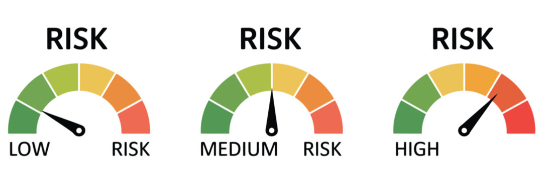 Risk meter icon, featuring a gauge indicator showing low, medium, and high risk levels as a clean vector illustration.