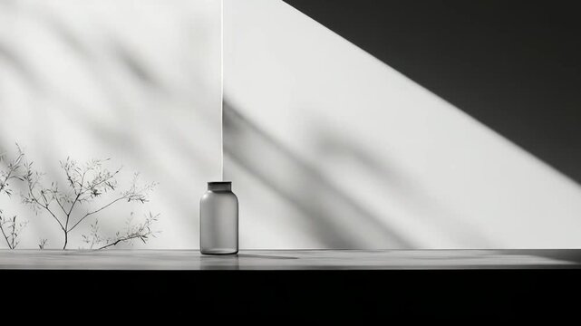 Opaque grey bottle standing on a dark minimalist shelf, receiving subtle natural light and soft shadows from branches on a clean white wall, creating a serene and modern composition