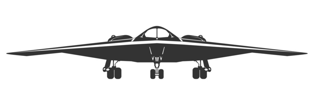 Silhouette B-2 spirit military aircraft design from front view. Vector illustrations b2 fighter jet in black and white color from ahead. Monochrome drawing united states stealth bomber plane.