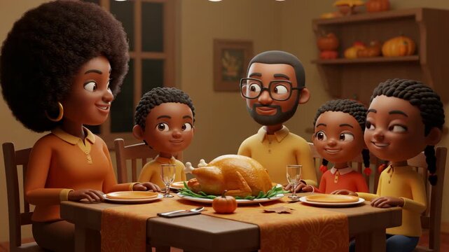 3D Cartoon Family Thanksgiving Dinner