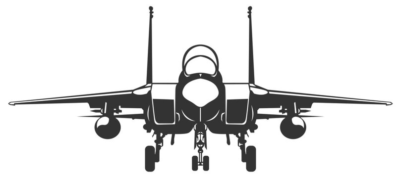 Silhouette F-15 eagle military aircraft design from front view. Vector illustrations f15 fighter jet in black and white color from ahead. Monochrome drawing united states modern combat aeroplane F15.
