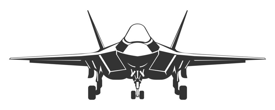 Silhouette F-35 military aircraft design from front view. Vector illustrations f35 fighter jet in black and white color from ahead. Monochrome drawing united states modern combat aeroplane F35.