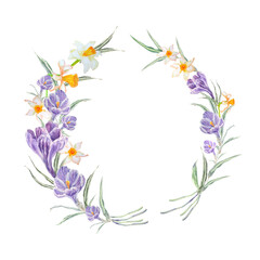 Naklejka premium Crocus and daffodil frame. Watercolor floral frame of spring flowers. Hand-drawn elements for postcard, greeting cards and invitation design