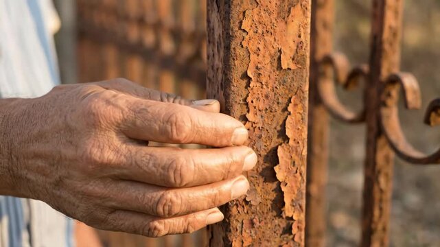 Elderly male hand gently touches rusty gate post, showcasing the texture and wear of the metal, with a blurred background of an outdoor setting