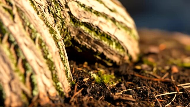 Close-up of tree bark with moss growth.