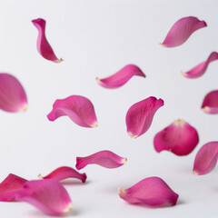 Fototapeta premium Flying pink petals against a white background, surrounded by an intricate rose overlay